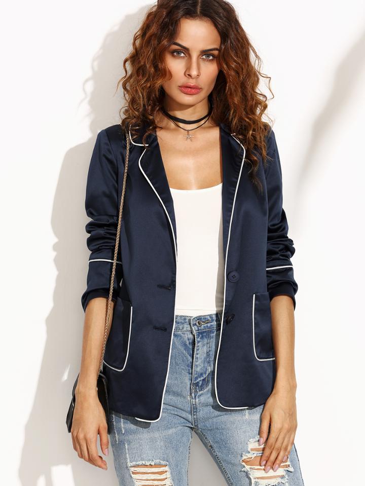 Shein Piping Detail Pajama Style Blazer With Two-button