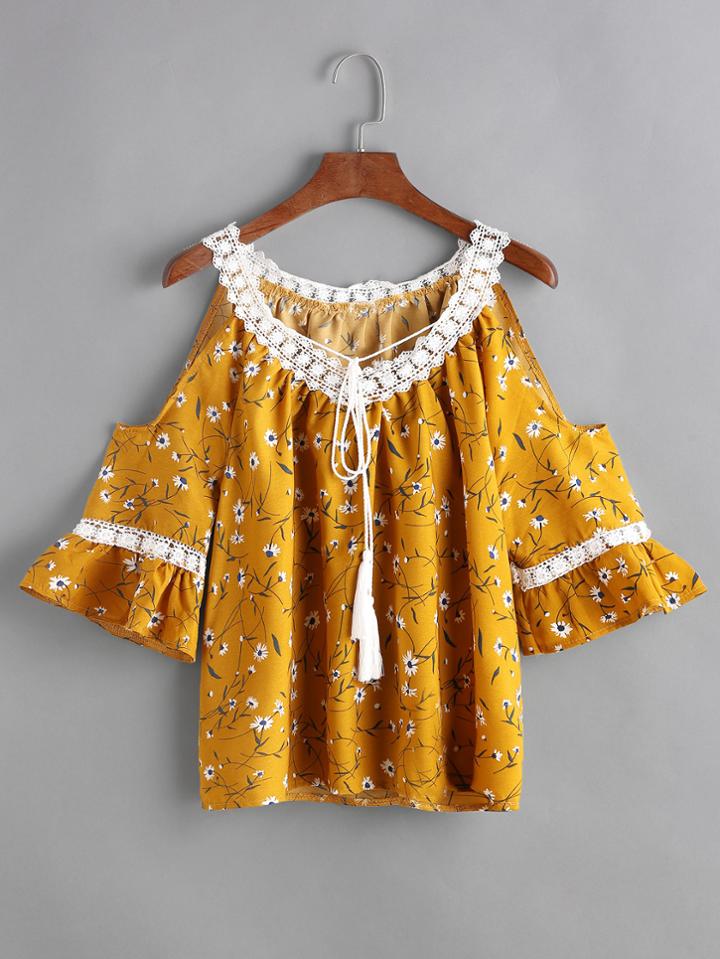 Shein Yellow Florals Contrast Crochet Trim Tassel Tie Top