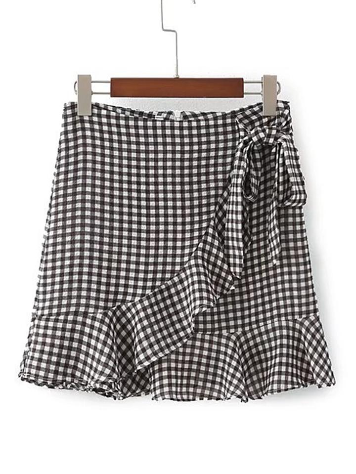 Shein Ruffle Trim Knot Waist Checkered Overlap Skort