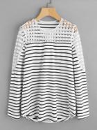 Shein Hollow Lace Panel Striped Tee