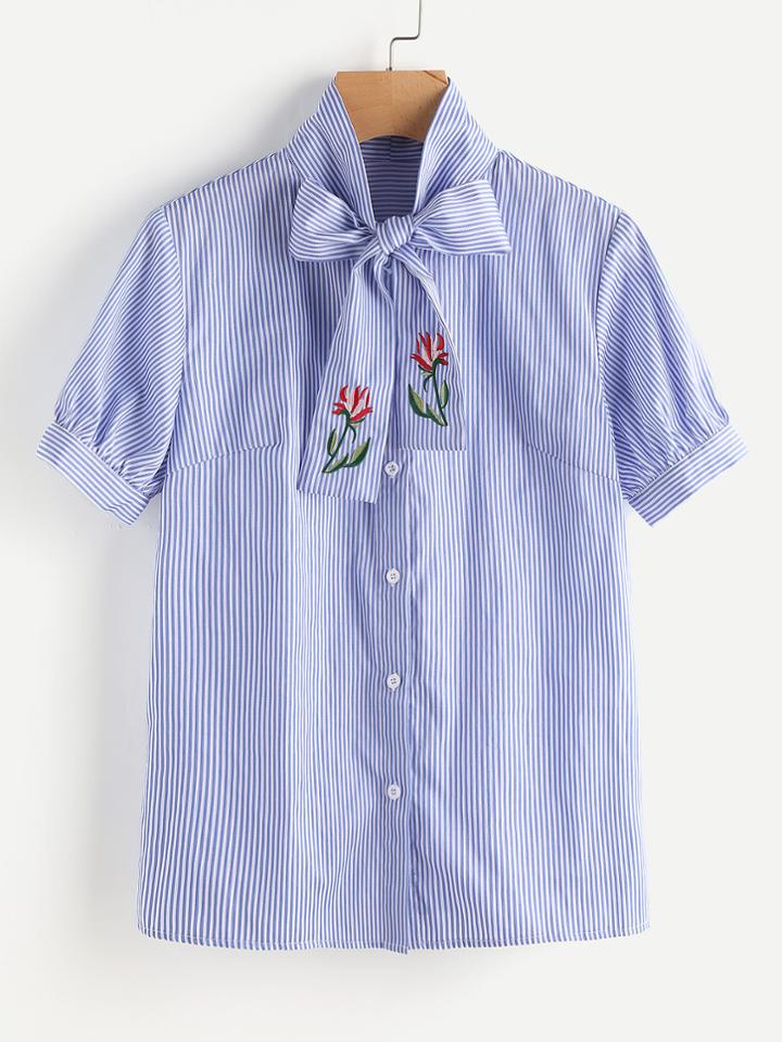 Shein Flower Embroidered Tie Neck Blouse