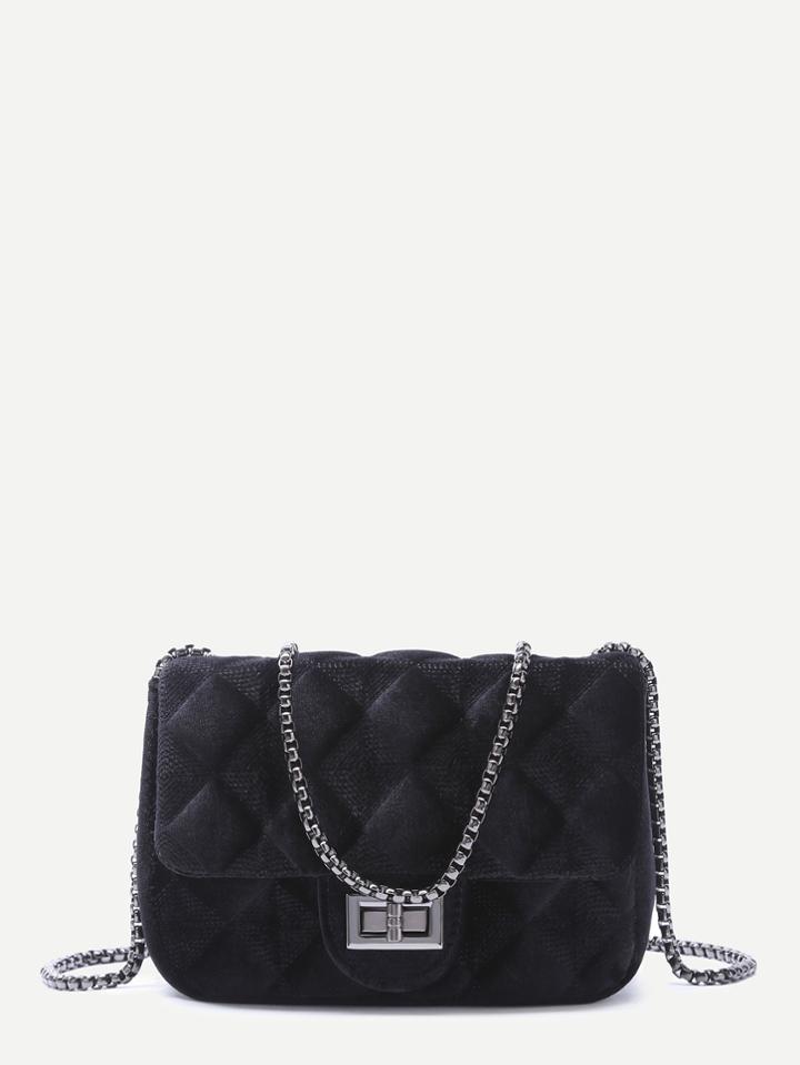Shein Black Velvet Meander Pattern Quilted Crossbody With Chain Strap