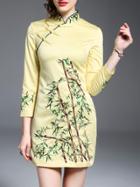 Shein Yellow Bamboos Embroidered Sheath Dress