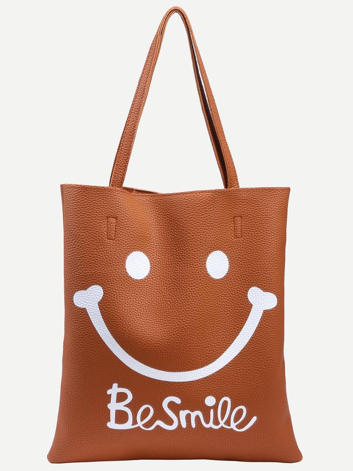 Shein Brown Smiley Face Print Tote Bag