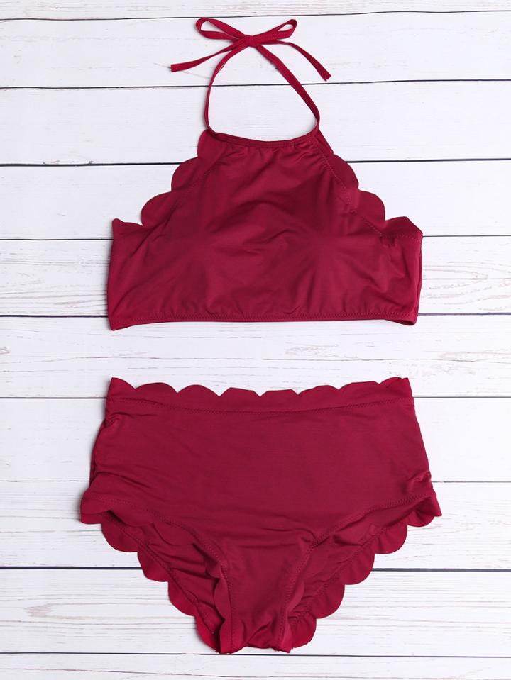 Shein Scalloped Trim Halter Bikini Set