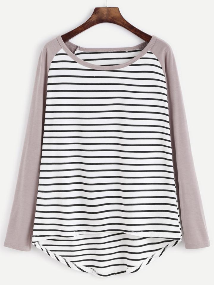 Shein Contrast Sleeve Striped Dip Hem T-shirt