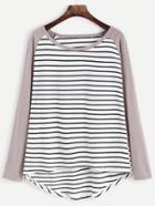Shein Contrast Sleeve Striped Dip Hem T-shirt