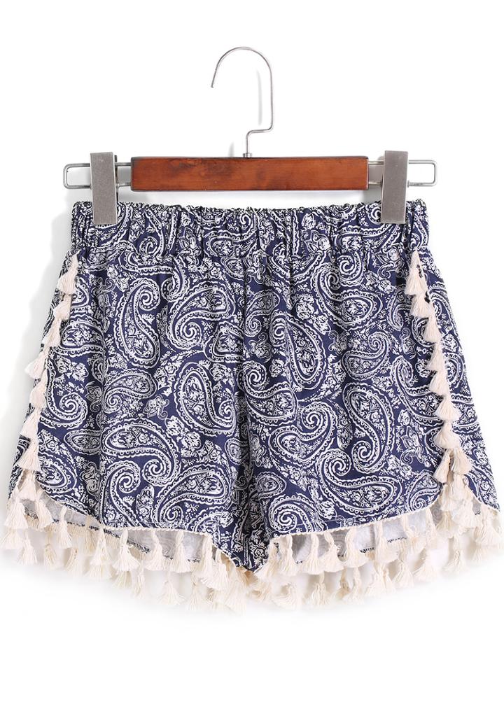 Shein Blue Elastic Waist Cashew Print Tassel Shorts