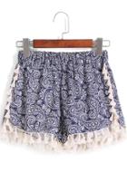 Shein Blue Elastic Waist Cashew Print Tassel Shorts