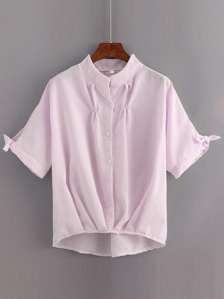 Shein Pink Vertical Striped High Low Pleated Blouse