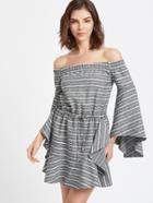 Shein Grey Striped Off The Shoulder Bell Sleeve Ruffle Dress