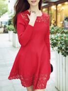 Shein Red Round Neck Long Sleeve Knit Contrast Lace Dress
