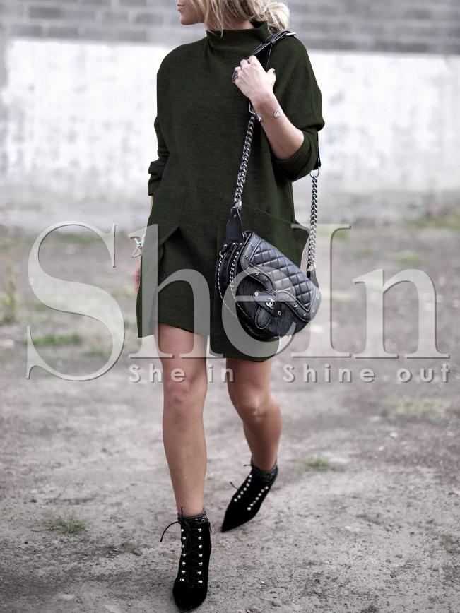 Shein Dark Green Round Neck Pockets Dress