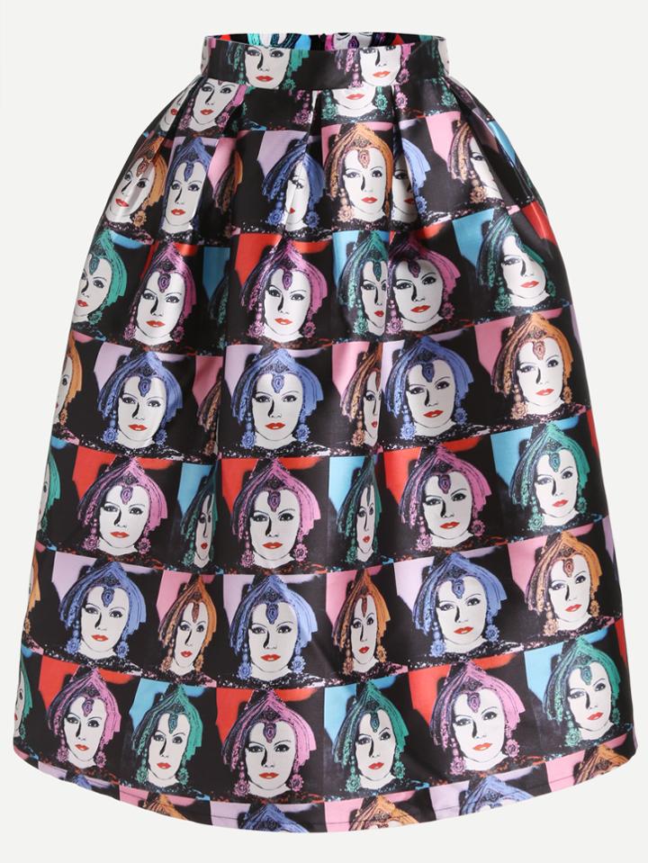 Shein Black Print Zipper Flare Skirt