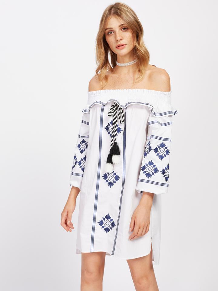 Shein Smocked Off Shoulder Tassel Tie Embroidered Dress