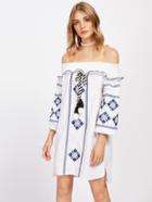 Shein Smocked Off Shoulder Tassel Tie Embroidered Dress
