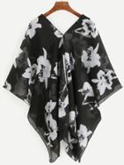 Shein Black Floral Print Asymmetrical Blouse