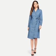 Shein Button Front Knot Denim Dress