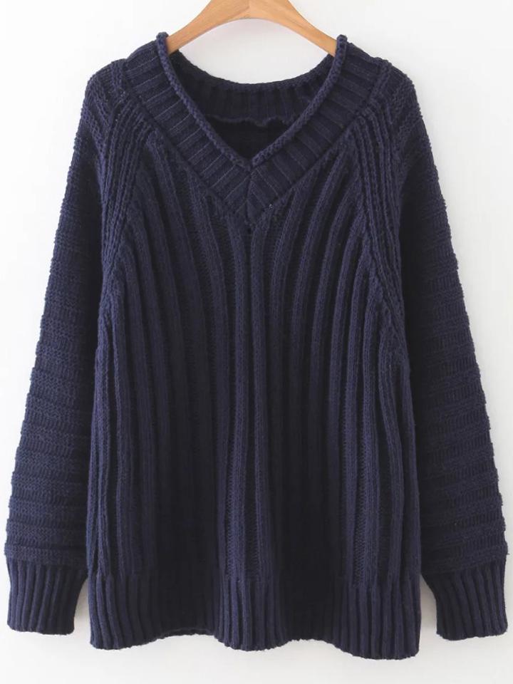 Shein Navy V Neck Raglan Sleeve Sweater