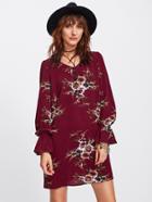 Shein Elastic Bell Cuff Botanical Print Tunic Dress