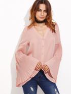 Shein Pink Tiered Pleated Bell Sleeve Button Up Blouse