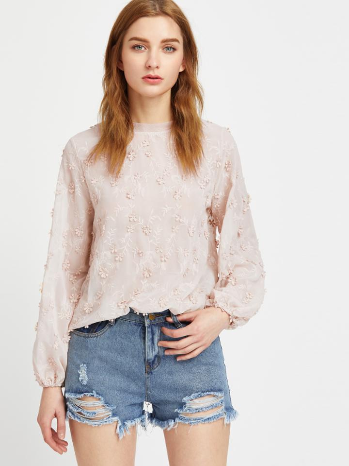 Shein Lantern Sleeve Scalloped Flower Applique Embroidered Top