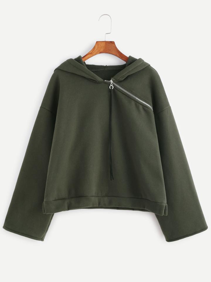 Shein Olive Green Asymmetric Zip Neck Drop Shoulder Hoodie