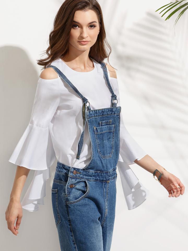 Shein White Ruffle Sleeve Cold Shoulder Blouse