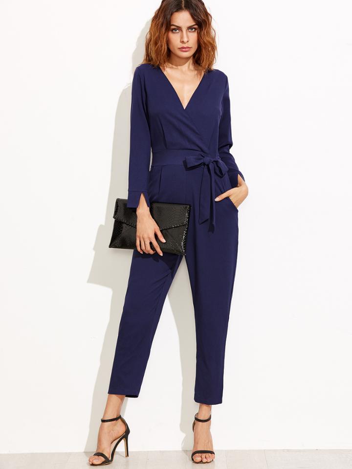 Shein Navy V Neck Self Tie Split Cuff Jumpsuit