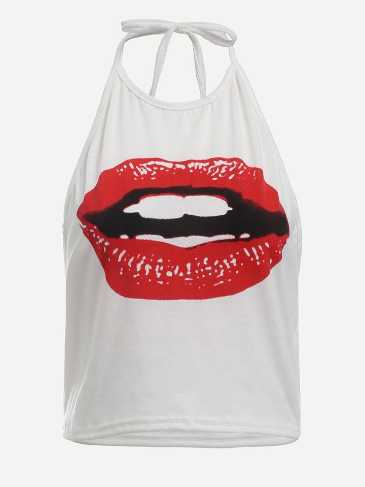 Shein Halter Neck Lipstick Print Backless Cami Top