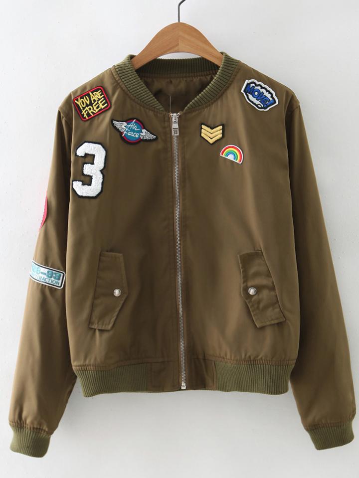 Shein Zipper Front Badge Embroidery Jacket