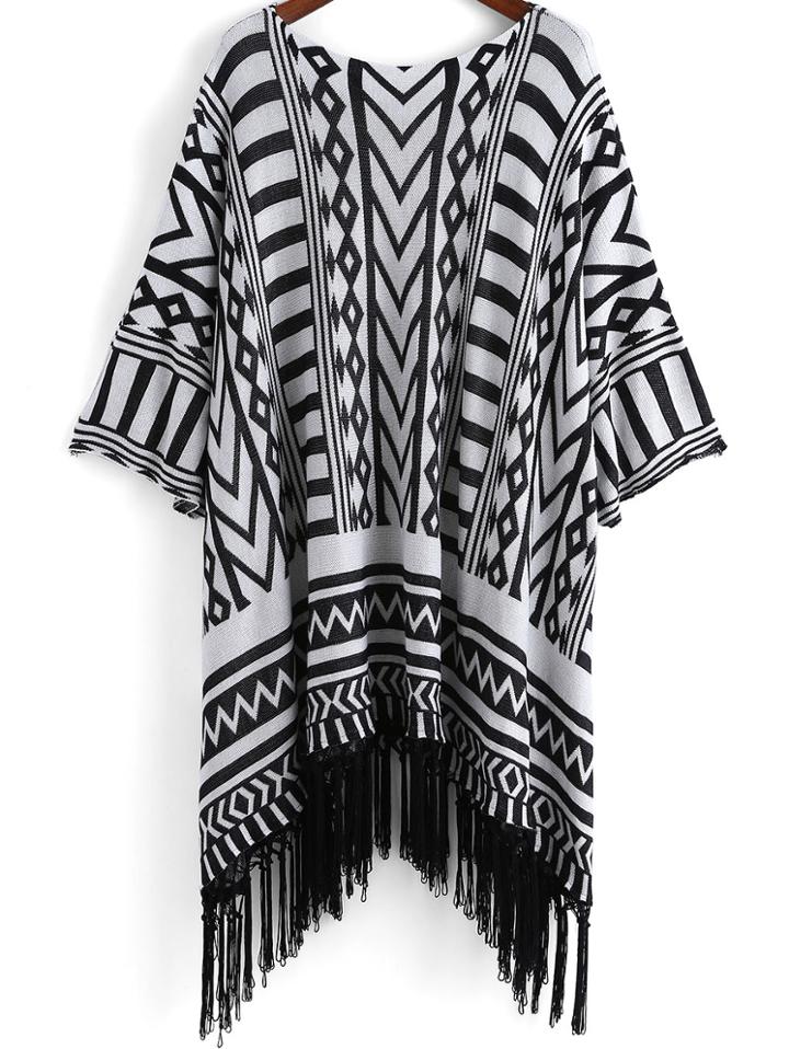 Shein Black White Geometric Print Tassel Cardigan