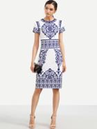 Shein Blue Print In White Short Sleeve Sheath Dress