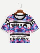 Shein Blue Tie-dye Letters Print  T-shirt