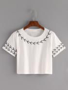 Shein Branch Embroidered Crop T-shirt - White