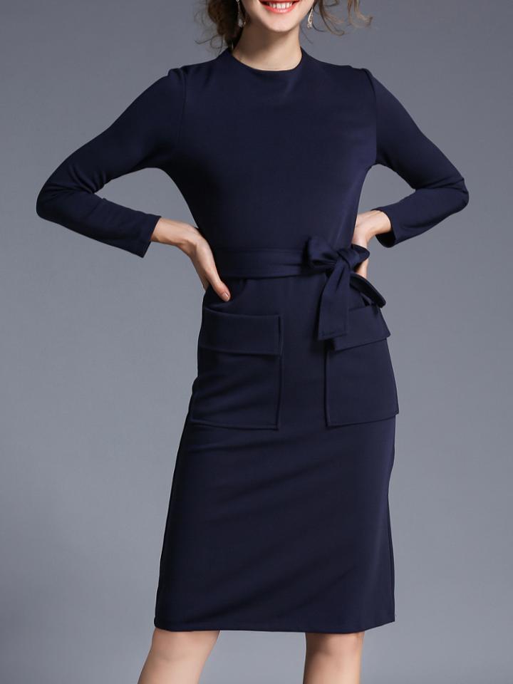 Shein Navy Crew Neck Tie-waist Sheath Dress