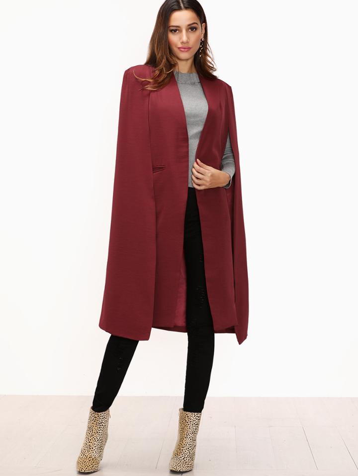 Shein Burgundy Pocket Open Front Cape Overcoat