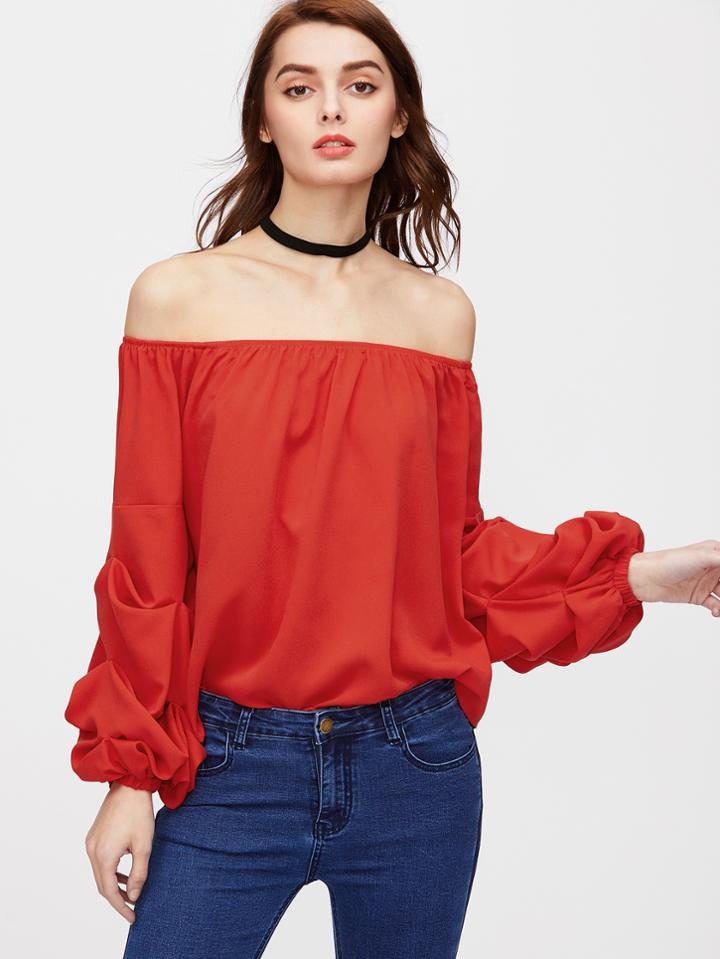 Shein Off Shoulder Ruched Lantern Sleeve Top