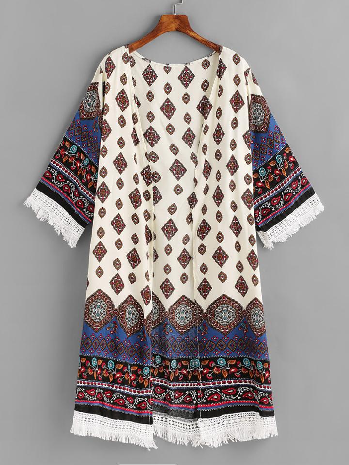 Shein Tribal Print Contrast Crochet Fringe Trim Cover Up