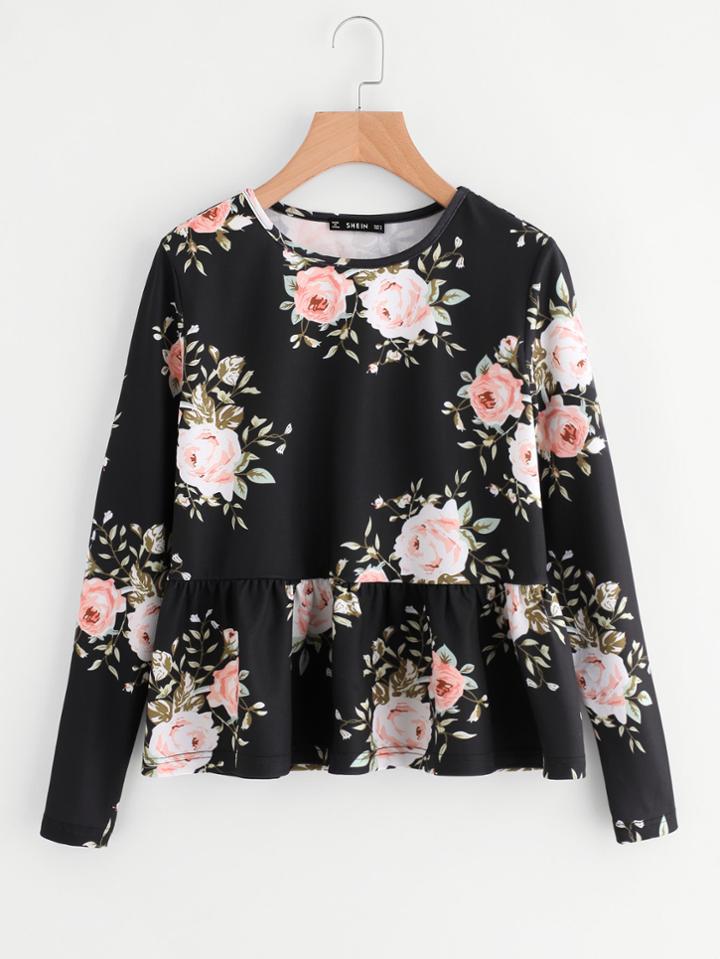 Shein Flower Print Ruffle Hem Tee