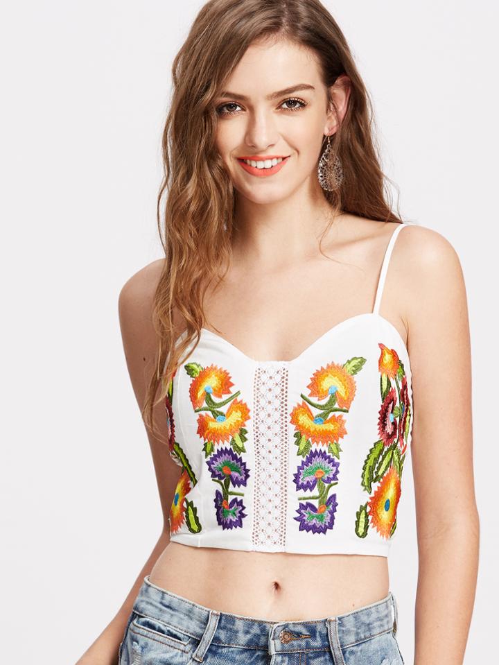 Shein Lace Panel Smocked Back Embroidered Cami Top