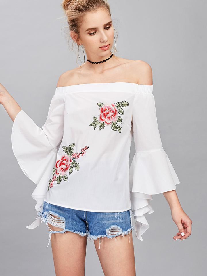 Shein Fluted Sleeve Embroidery Applique Bardot Blouse