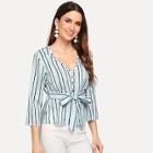 Shein Button Front Waist Belted Striped Top