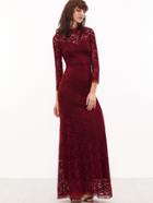 Shein Burgundy Sheer Sleeve Floral Lace Fishtail Dress