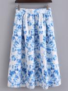 Shein Blue And White Floral Pocket Pleated Skirt