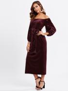 Shein Pearl Beading Lantern Sleeve Velvet Bardot Dress