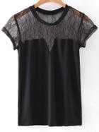 Shein Black Cap Sleeve Lace Splicing Blouse