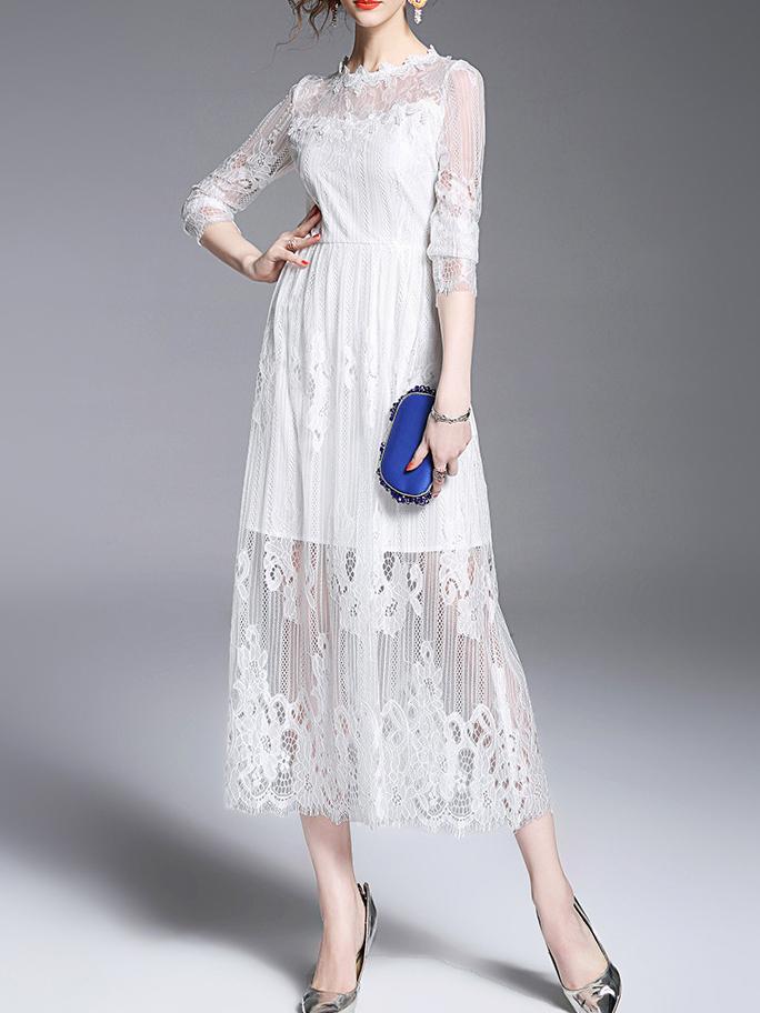 Shein White Sheer Lace Long Sexy Dress