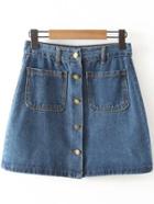 Shein Blue Pockets Buttons Front Denim Skirt