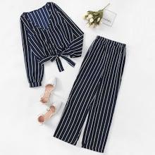 Shein Single Breasted Striped Blouse With Pants